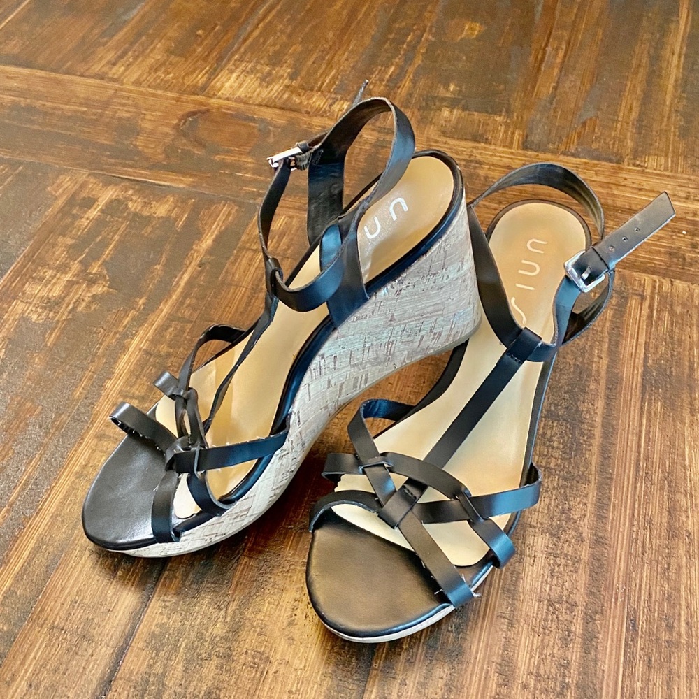 Unisa 9M Black strappy heels with cork wedge.